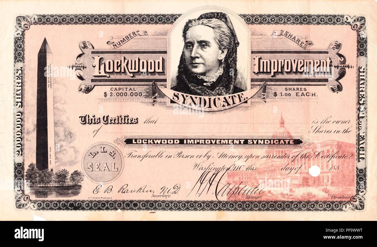 Certificat d'actions pour l'amélioration Lockwood Syndicate, avec un portrait de l'entreprise illustration Belva propriétaire Ann Bennett Lockwood, pour le marché américain, vers 1886. () Banque D'Images