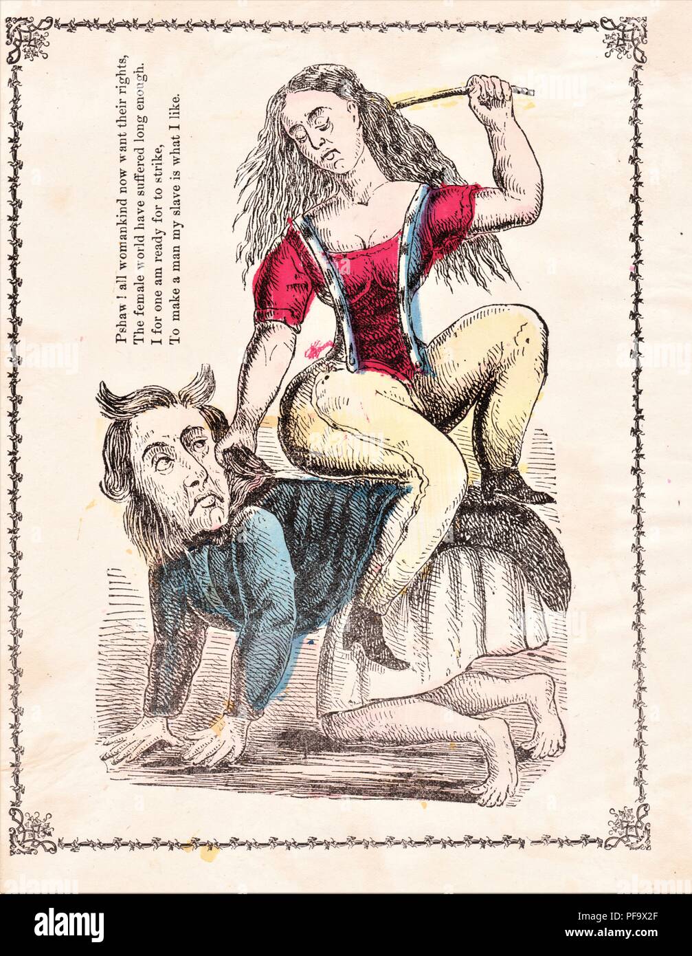 Vinaigre 'Valentine' card, la représentation d'une suffragette, porter un pantalon et brandissant un fouet, Assis à califourchon sur le dos d'un homme qui est accroupi à quatre pattes, publié pour le marché américain, à partir de 1840. () Banque D'Images