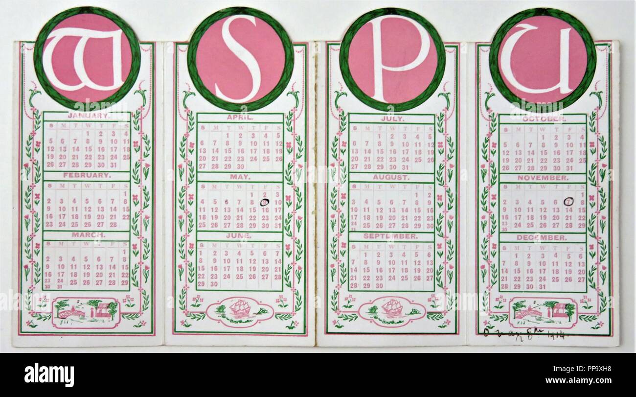 Calendrier en carton pliable pour 1913, imprimé en vert et encre violette sur fond blanc (les couleurs officielles d'Emmeline Pankhurst, groupe militant anglais, l'Union sociale et politique des femmes) avec le sigle du groupe, 'l'UPMS, ' apparaissant comme en-têtes initiale au-dessus de chaque trimestre de l'année, vraisemblablement produites pour le marché britannique, 1913. Photographie par Emilie van Beugen. () Banque D'Images