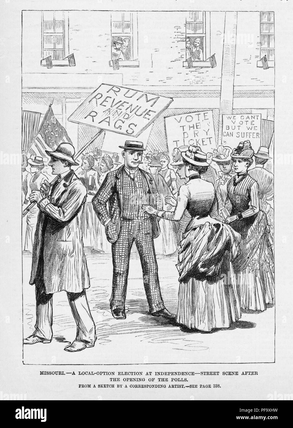 Illustration noir et blanc illustrant le suffrage des femmes pré-Missouri, dans la rue, la promotion de l'interdiction durant une élection locale, sous-titrée 'Missouri - une élection locale-option au moment de l'indépendance - Scène de rue après l'ouverture des bureaux, ' publié pour le marché américain, 1888. () Banque D'Images