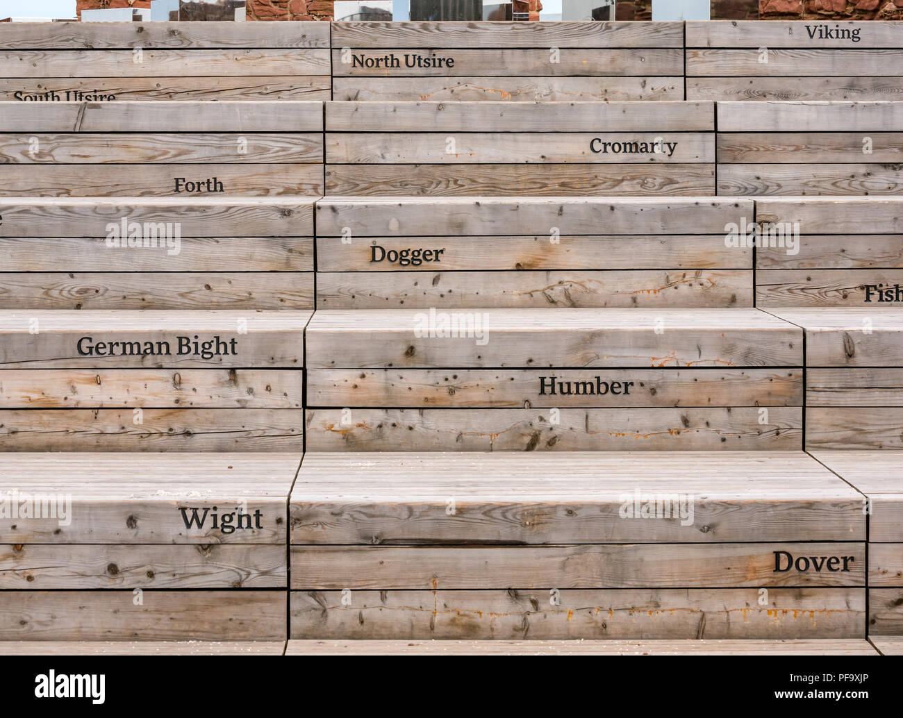 Amphithéâtre en plein air à Dunbar batterie, avec des noms de domaines utilisés dans la mer, prévision d'expédition, port de Dunbar East Lothian, Scotland, UK Banque D'Images