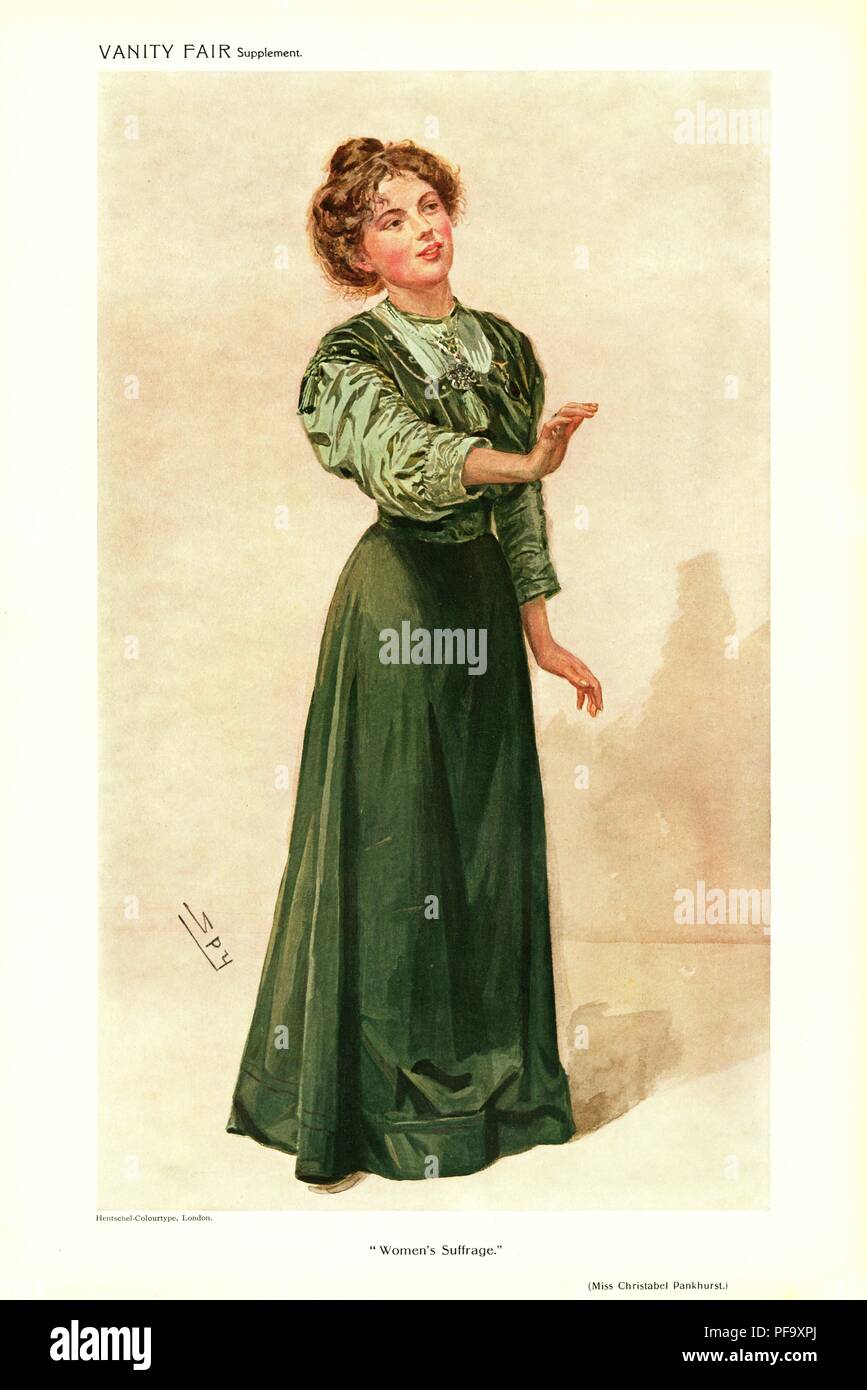 Pleine longueur, chromolithographie, illustrant Sylvain Pankhurst, fille de Mme suffragette anglaise militant Emmeline Pankhurst, portant une robe de style édouardien, verte et à la recherche sur le côté, avec une main étendue, titré "Le suffrage des femmes, ' illustré par Spy (Sir Leslie Ward) et publié par Vanity Fair pour le marché britannique, le 15 juin 1910. () Banque D'Images