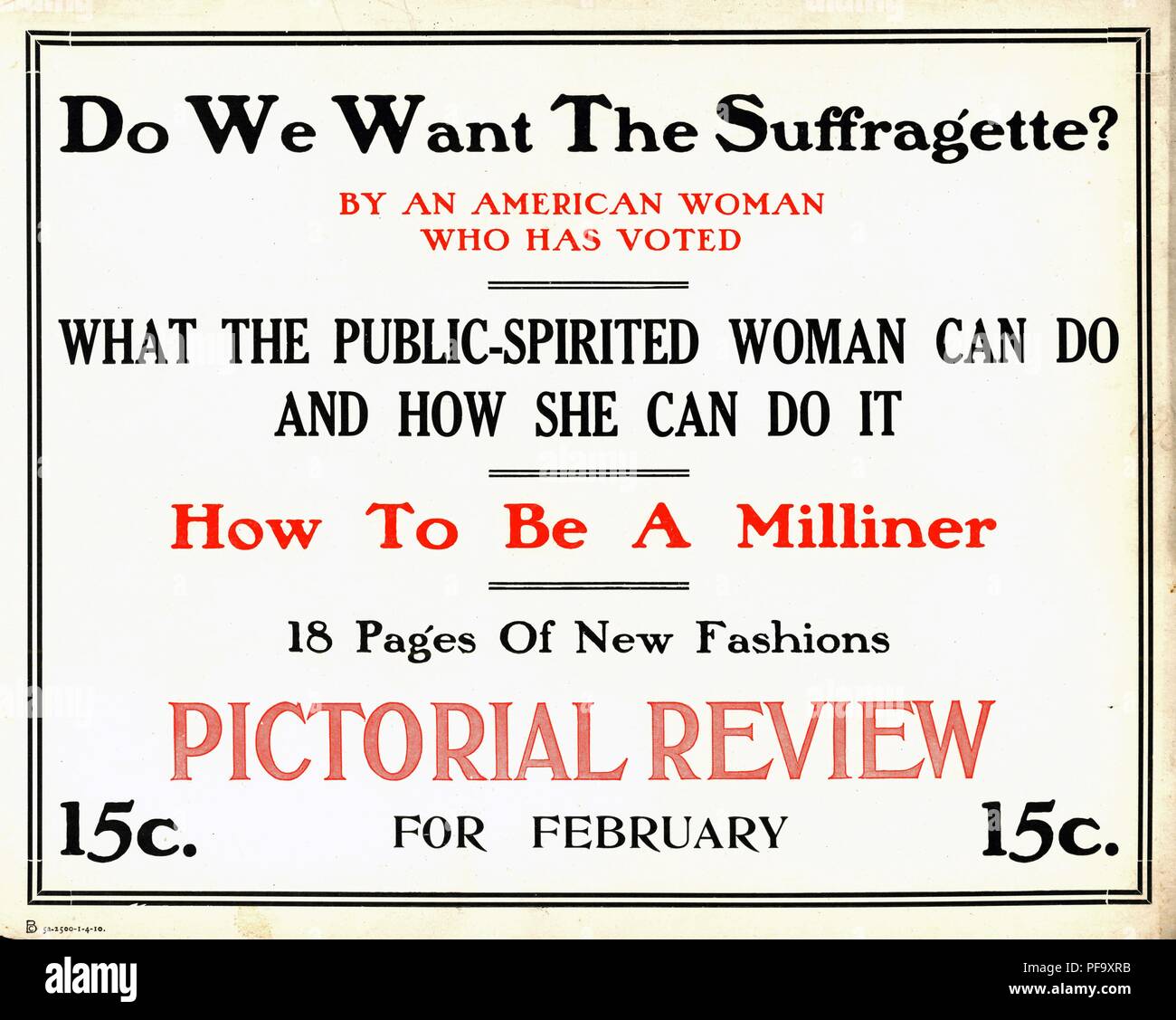 Noir, blanc et rouge du métro en carton publicité signe une prochaine revue en images histoire de suffrage universel intitulé 'Do nous voulons la suffragette ? Par une femme américaine qui a voté, ' probablement transportée à la main parce que les militants ont souvent interdit de placer des affiches sur les wagons de métro, créé pour le marché américain, 1900. () Banque D'Images