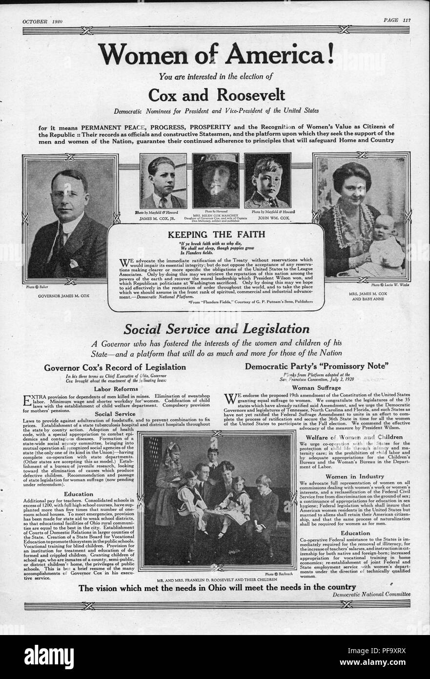 Publicité pour la campagne présidentielle de l'équipe démocrate James M Cox et Franklin D Roosevelt, avec portrait en noir et blanc des photographies de gouverneur Cox, James M Cox Jr, Mme Helen Cox Mahoney, John William Cox, Mme James M Cox (Claude) Blair Parker holding daughter Anne Cox, et Franklin et Eleanor Roosevelt entouré par leur grande famille, avec texte d'appui destiné à un appel à l'électorat féminin nouvellement émancipés, publié par le Comité national démocrate pour le marché américain, Octobre, 1920. () Banque D'Images