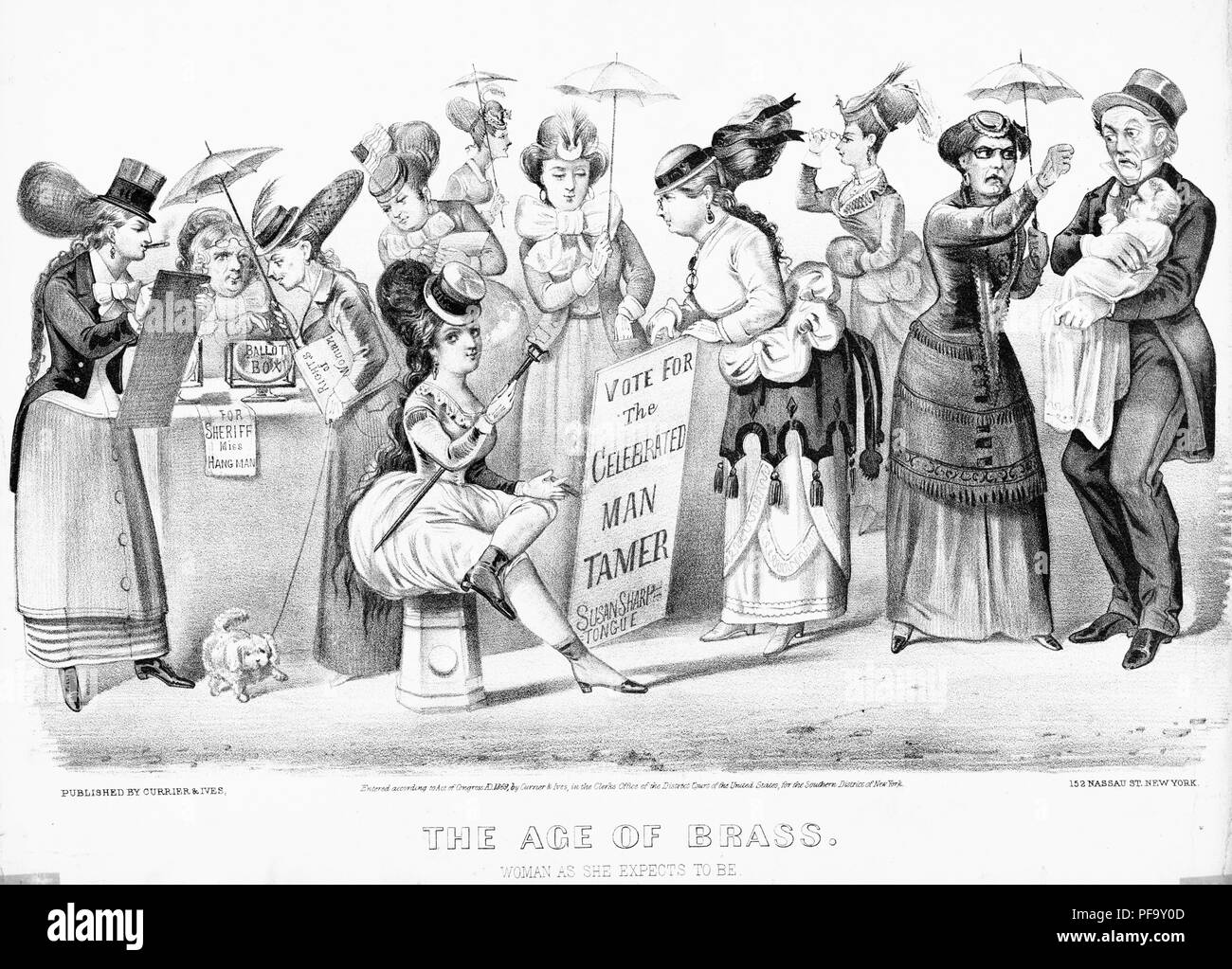 Noir et blanc la satire de mouvement pour les droits des femmes en ayant les femmes assument les rôles de l'homme, agissant comme harridans et forcer les hommes à l'esprit les enfants, intitulé "L'Âge d'airain, la femme comme elle s'attend à être, ' publié par Currier et Ives pour le marché américain, 1869. () Banque D'Images