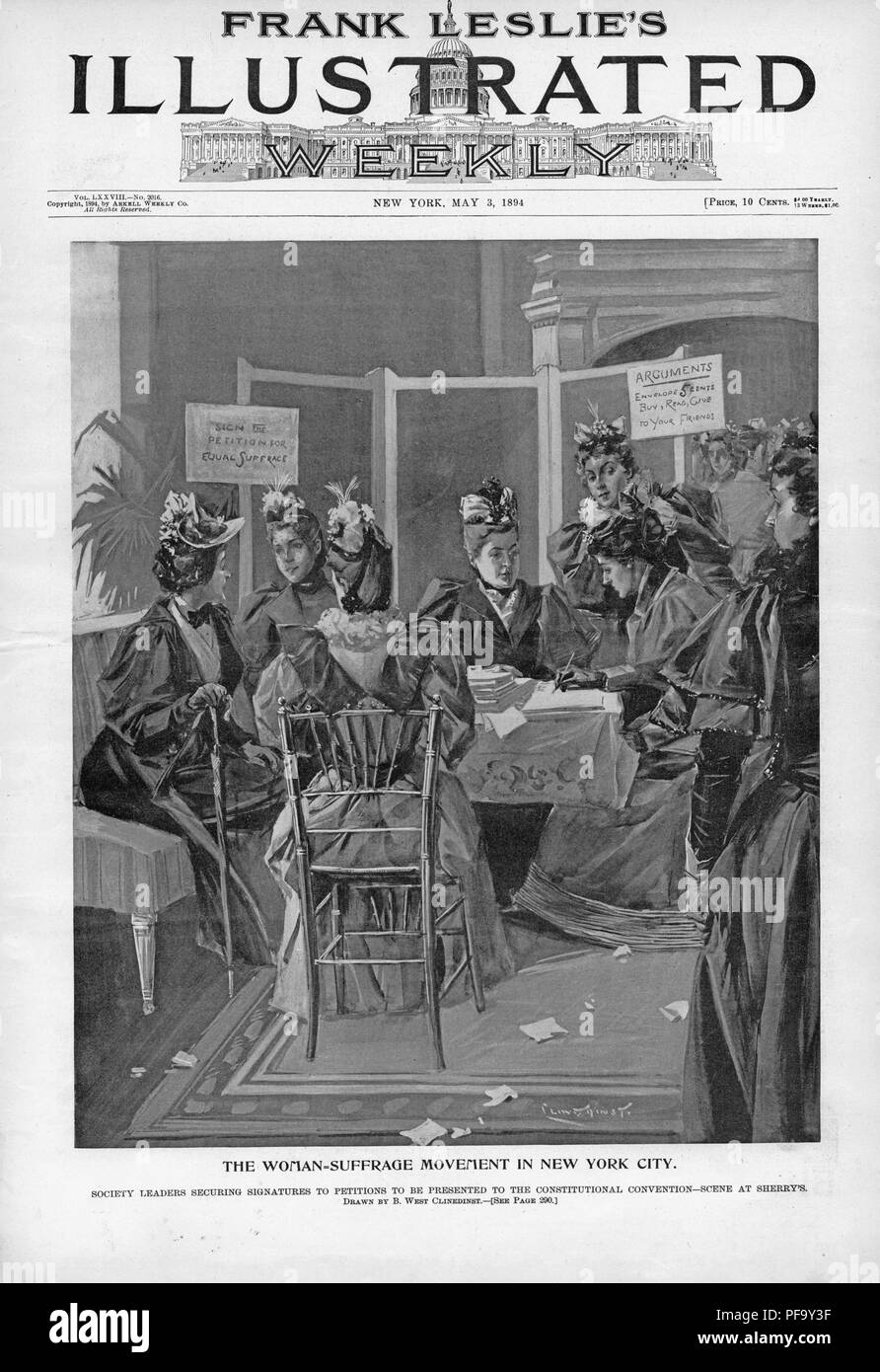 Noir et blanc illustrant les suffragettes assis dans un salon à Sherry's, l'obtention de signatures pour une pétition pour inclure les droits de vote des femmes dans un nouveau projet de constitution de l'état de New York, le Mouvement Woman-Suffrage «sous-titrées à New York", illustré par Benjamin West Clinedinst, et publié dans Frank Leslie's Illustrated Weekly pour le marché américain, 1894. () Banque D'Images