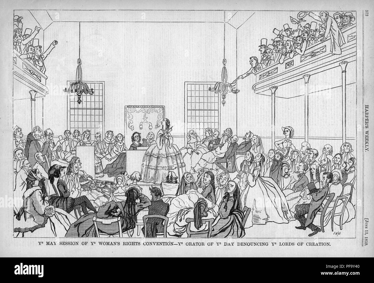 Noir et blanc 1848 la satire de la Convention des droits des femmes à Seneca Falls, New York, titré 'Ye Session de mai vous droits de la femme Convention - ye orateur de ye ye dénonçant jour lords of creation, ' ce qui suggère que le suffrage est contraire au droit naturel et religieux, publié dans Harper's Weekly pour le marché américain, 1859. () Banque D'Images
