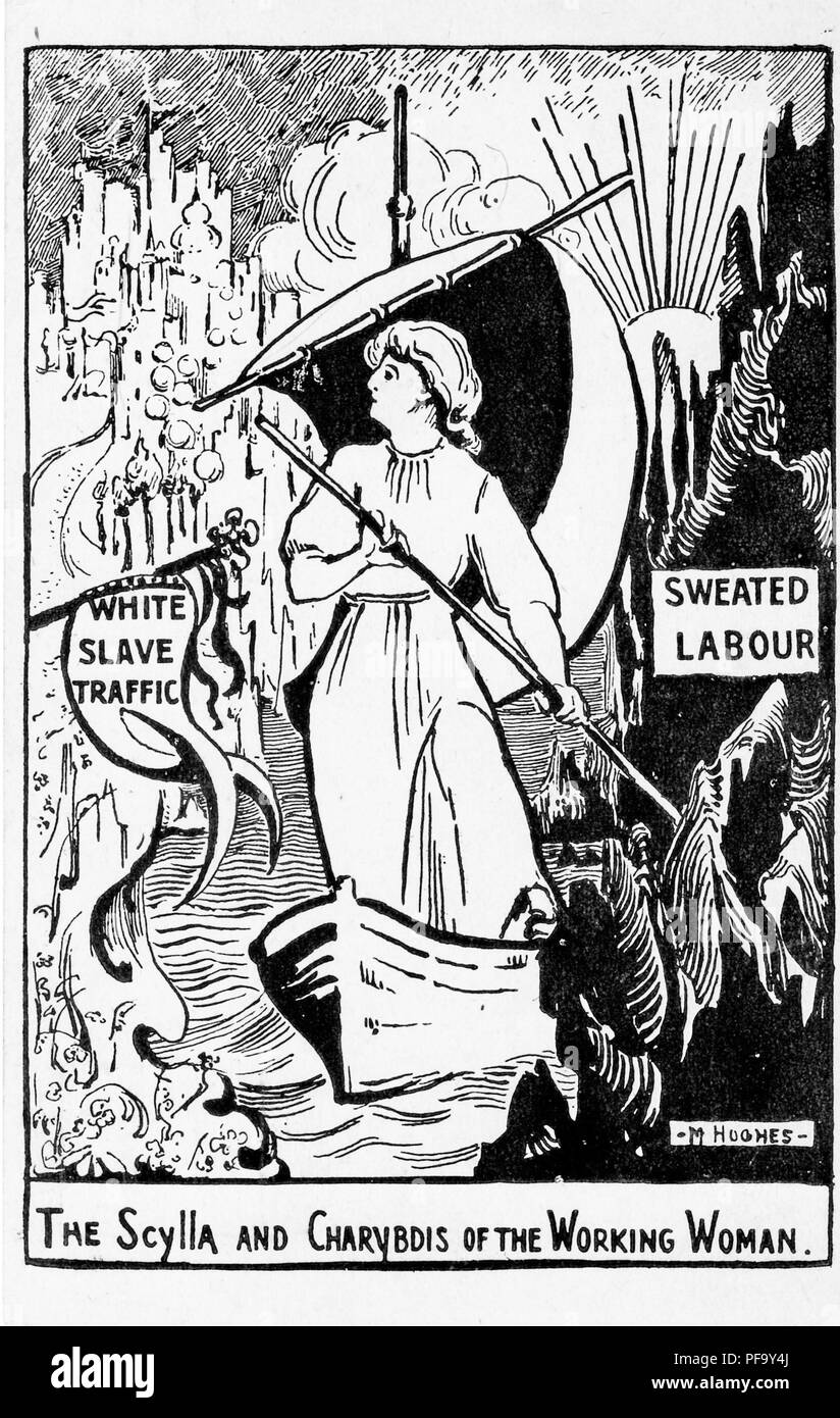 Carte postale vintage noir et blanc, représentant une femme affolée son aviron bateau à travers un passage périlleux, avec des hauts-fonds à l'une ou l'autre côté marqué "Traite des Blanches" et "weated, du travail ' titrées "La Scylla et Charybde de la femme au travail, ' illustré par M Hughes, et publié pour le marché britannique, par un collectif de femmes artistes anglais connu sous le nom de 'atelier' le suffrage, 1910. () Banque D'Images