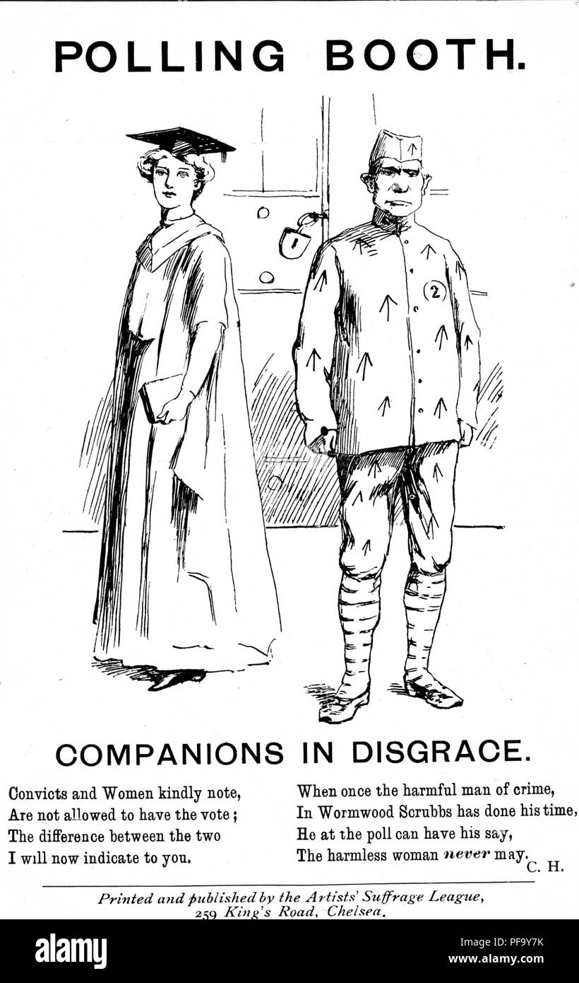 Carte de vote publié par le groupe d'artistes anglais, voix féminine, l'Artists' Suffrage League, en se concentrant sur un thème commun à suffrage universel des plaintes, que les femmes ont été regroupées avec les prisonniers dans leur incapacité de voter, Royaume-Uni, 1910. () Banque D'Images