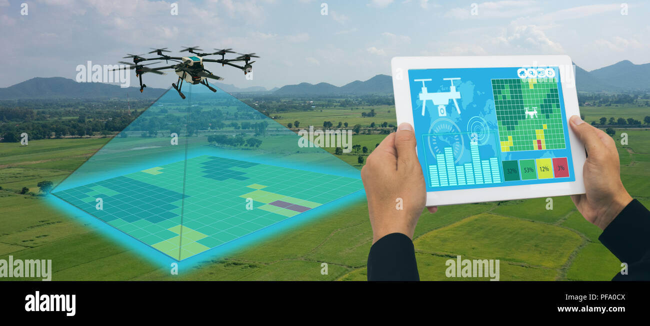 Drone pour l'agriculture, l'utilisation de drones pour divers domaines comme la recherche, l'analyse de la sécurité, le sauvetage, la technologie de numérisation du terrain, de la surveillance, l'hydratation des sols yie Banque D'Images