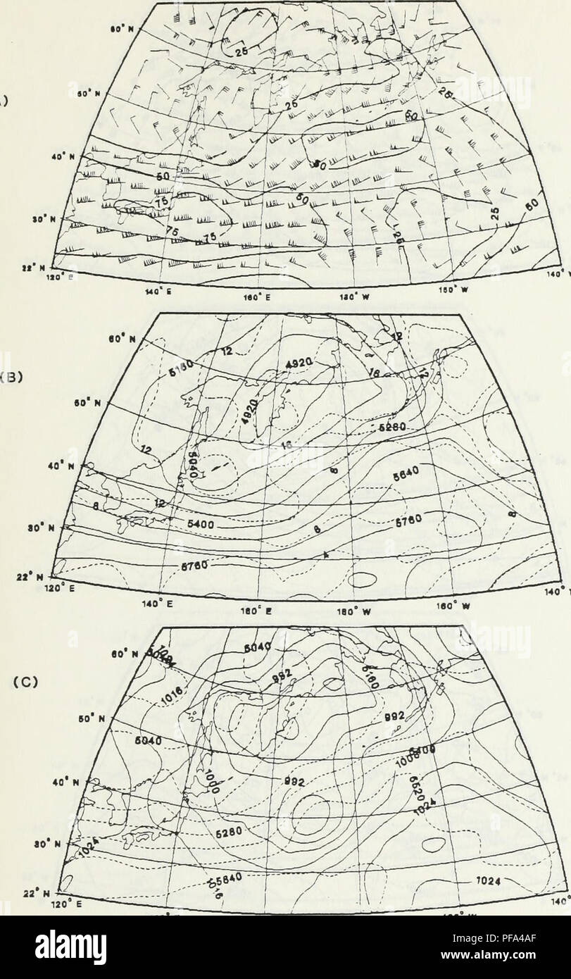 . Vérification de diagnostic du modèle de circulation générale de verre appliqué à un cas d'explosifs maritimes extratropical. cyclogénèse. Météorologie ; océanographie. *0' N (A) "0" H. 140 W 22 N Figure 4. Comme dans la figure 2 à l'exception de l'analyse en 0000 GMT 14 janvier 63. Veuillez noter que ces images sont extraites de la page numérisée des images qui peuvent avoir été retouchées numériquement pour plus de lisibilité - coloration et l'aspect de ces illustrations ne peut pas parfaitement ressembler à l'œuvre originale.. Ebersole, Kenneth A.. Monterey, Californie : U.S. Naval Postgraduate School Banque D'Images