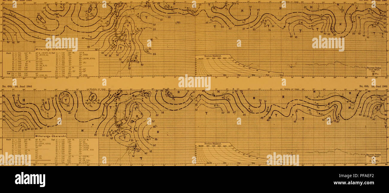 . Deutsche Südpolar-Expedition, 1901-1903, im Auftrage des Reichsamtes des Innern. Gauss (navire) ; des expéditions scientifiques. Deutsche Südpolar-Expedition 1901-3 Meteorologischer Atlas. 22s Tafel Nr, 682. 23. Juni 1W3 St. €83. 23. Juni 1908. Hoch li --^ 77.'. I-Wr W. W 8. (W) Tl"f II r&gt ; 7*0 IM' W. fil-CO- 8. 2)CJ79fl WJ' "-2- a) O 7." l'irj .HX- 18) S) O 77.'" 9C* SS* (""VV, OSOJ .Hl(,7(y&gt ; VX -l.r (ml) 41 c "* J*° &amp;5-SS 10) reo ^ 7y "-tfir) /11 -3- '^ ^ 7v-N.-rvv :,.  -iP-f- o / f (t/ / PI I V ,&gt ;.-n /. Veuillez noter que ces images sont extraites de la page numérisée des images qui ma Banque D'Images