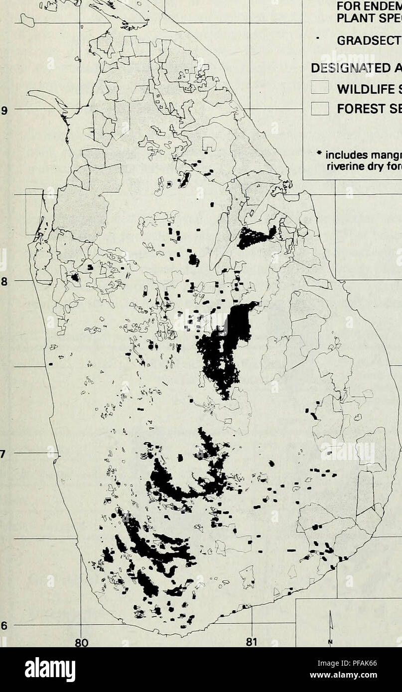 . La conception d'un système de zones de protection optimale pour les forêts naturelles du Sri Lanka. Volume 1. Je Plantes ligneuses endémique du Sri Lanka .4Wn. comprend les mangroves et les forêts sèches.. Les forêts Les forêts à canopée fermée * IMPORTANT POUR LES ESPÈCES LIGNEUSES ENDÉMIQUES PARCELLES GRADSECT ZONES DÉSIGNÉES " SECTEUR DE LA FAUNE ? Secteur forestier 82 FYojoction, Lambert CM 81 degrés, Lat de Centra Proj 8 degrés n 50 100km J'^ Fabniary 1997 Figure 6.4 réseau minimum de forêts contiguës dans lequel tous les 455 espèces endémiques de plantes ligneuses sont représentés. de 101. Veuillez noter que ces images sont extraites de s Banque D'Images