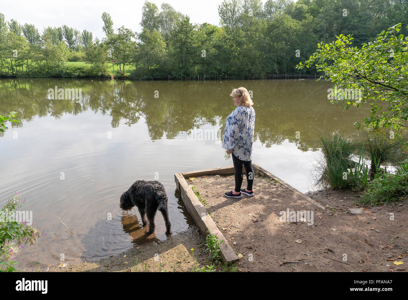 Blonde mature dame se trouve aux côtés du lac à trois soeurs la réserve naturelle locale, trois Sœurs Road, Ashton-In-Makerfield, Wigan avec son black Banque D'Images
