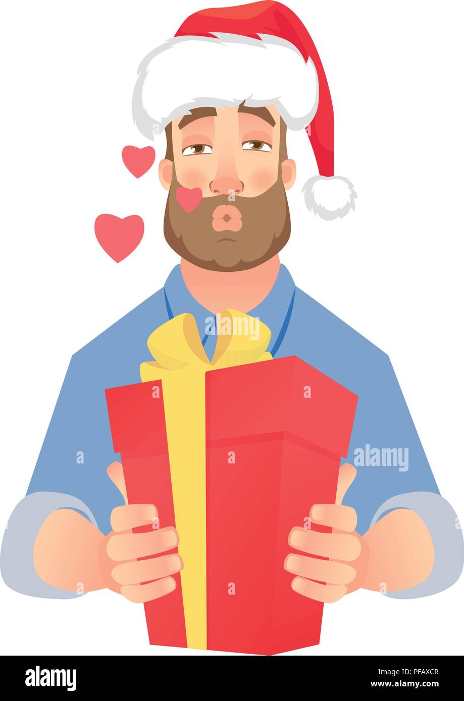 Businessman in Santa Claus hat. L'homme donne un don. Baiser de l'air. Man holding red présente fort Illustration de Vecteur