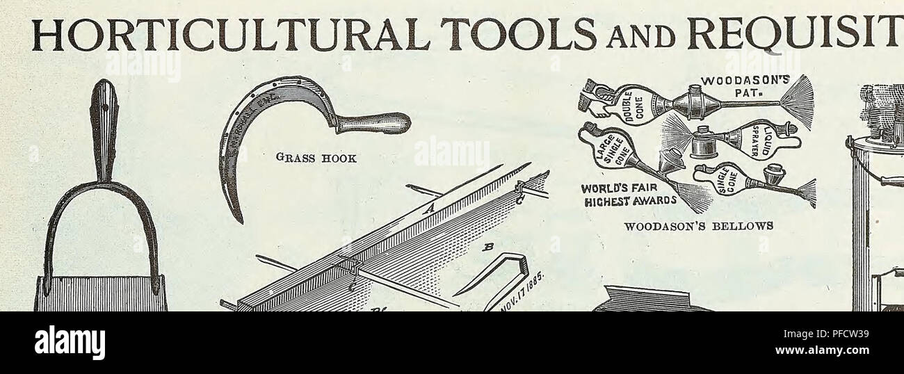 . Catalogue descriptif de légumes, de fleurs, et des semences de ferme. Pépinières (Horticulture) ; le matériel de pépinière ; semences, bulbes (plantes) ; jardinage ; Matériel et fournitures ; plantes ; Weeber &AMP ; Don. Outils horticoles et requis WEEBER m DON. Émondoirs, SATNOB COUTEAU CHANT NOUVEAU MODÈLE DE PIÈGE À TAUPE OUTILS HORTICOLES ET REQUIS-Suite chaque flexible Buses, Bordeaux 0 $ 75 » » Mistry. Grande, 2 $ ; petites . 100 » » Verm orel 75 colliers. Le fil de laiton. Par douz 15c. " D'une pince, pour les bandes au-dessus de 25 ". Modèle de boulon, vis sur. Par douz 60c. " Les accouplements. Banque D'Images