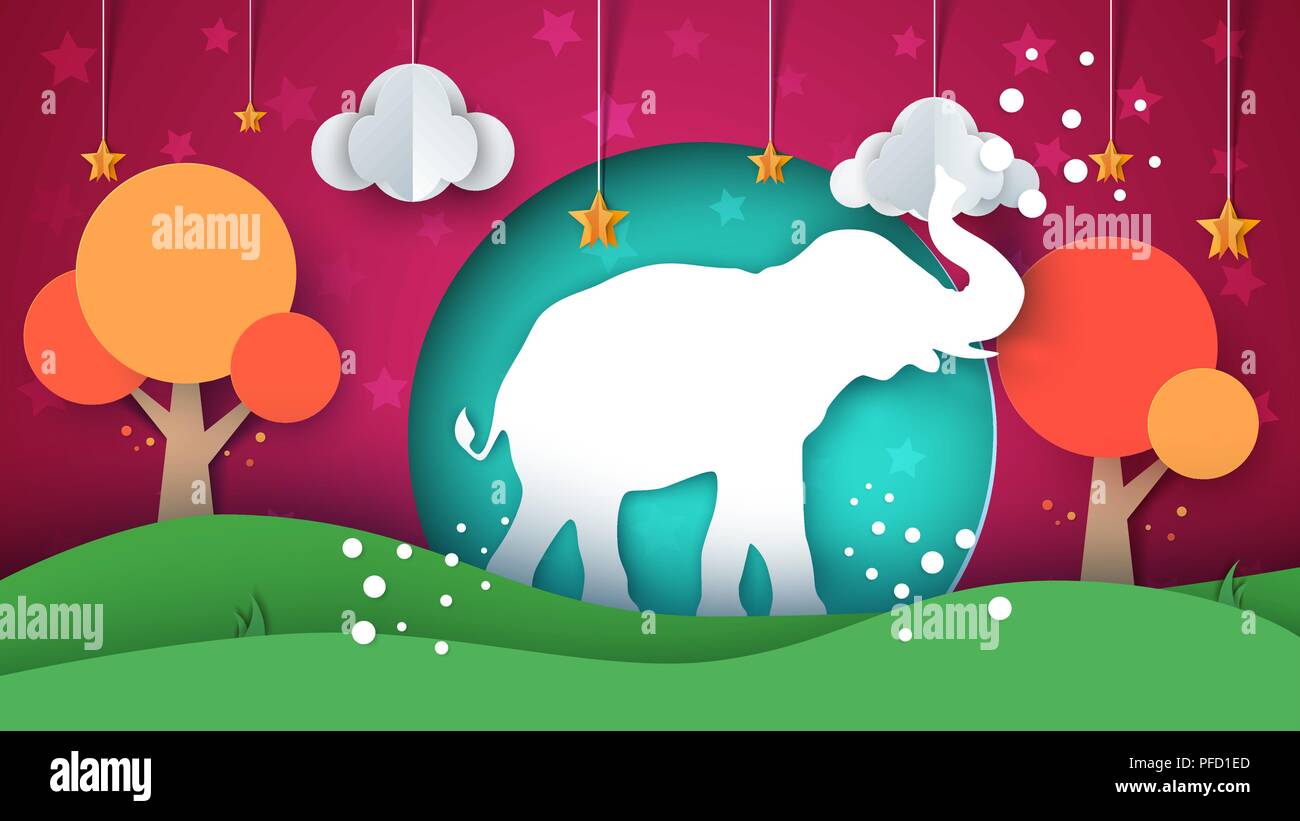 Papier dessin animé paysage. Illustration de l'éléphant. Illustration de Vecteur