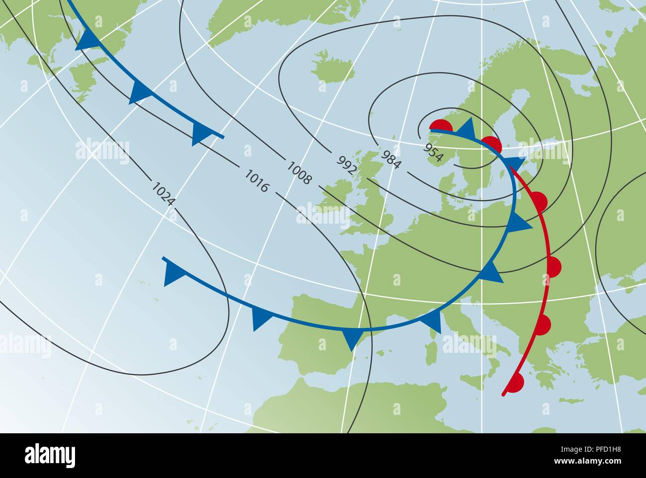 Illustration numérique de carte météo montrant l'air froid/air chaud avant, et de haute et basse pression Banque D'Images