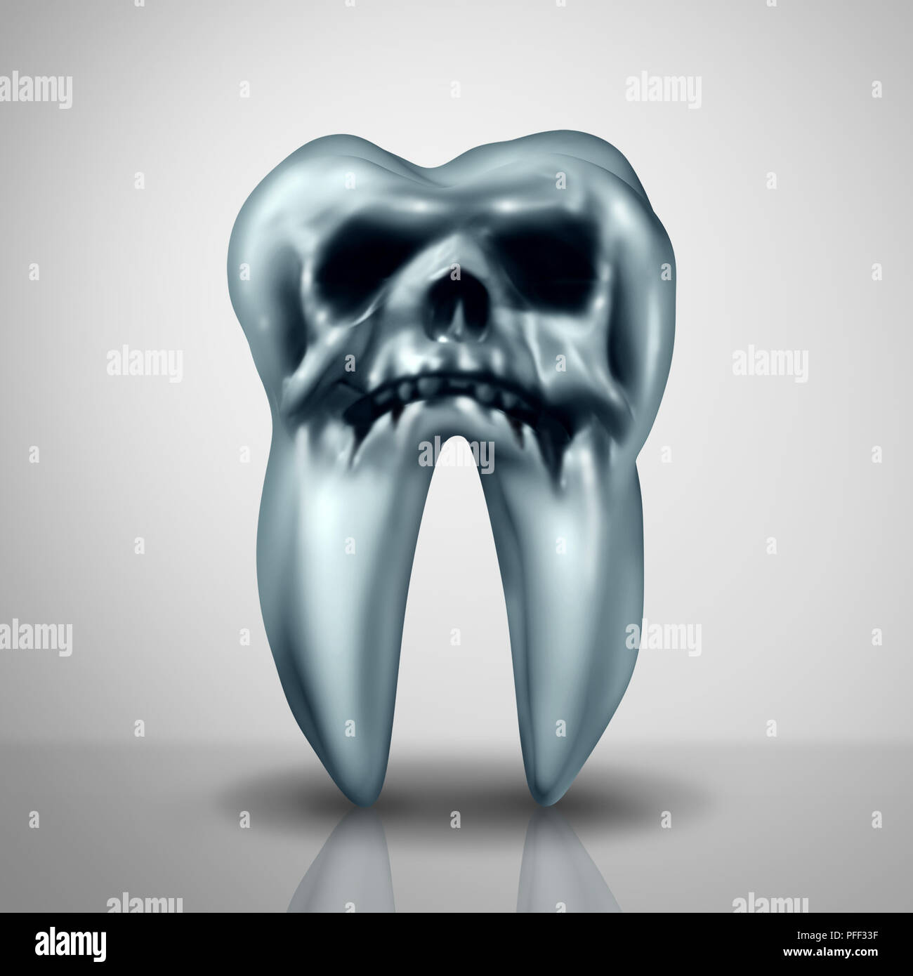 La carie dentaire comme un danger de maladie ou d'empreinte montrant le symbole des cavités risque de carie dentaire anatomie en dues aux bactéries et aux acides comme un crâne de mort. Banque D'Images