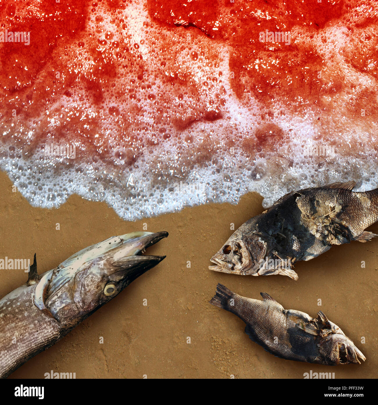 Marée rouge toxine naturelle mortelle algues trouvés dans l'océan ou la mer comme un concept de la mort la vie marine comme un cadre conceptuel dans un style 3D illustration. Banque D'Images