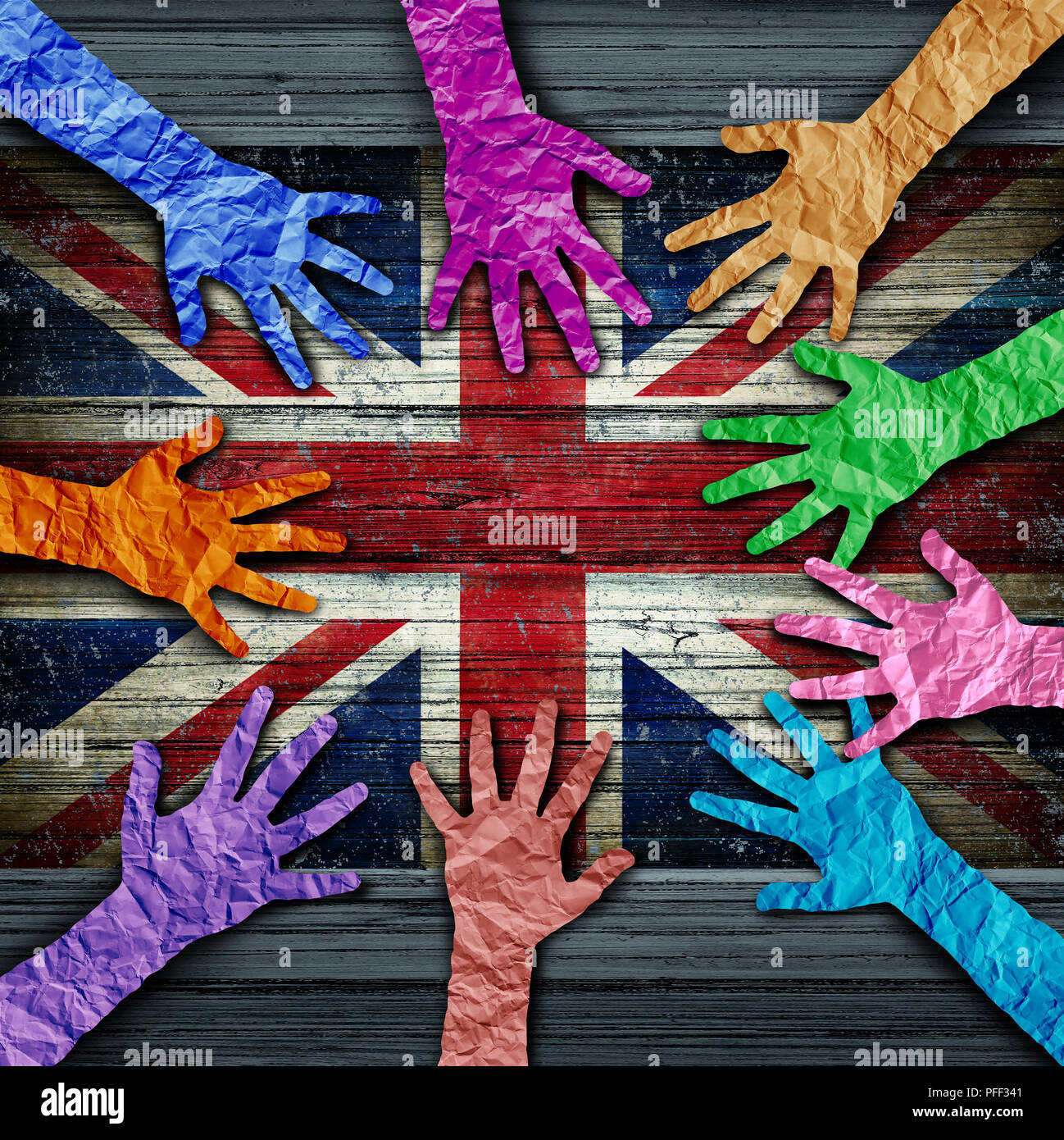 La diversité culturelle aussi divers fait mains de papier froissé reliés ensemble comme un concept pour la Grande-Bretagne solidarité citoyenne et patriotique de l'amitié. Banque D'Images