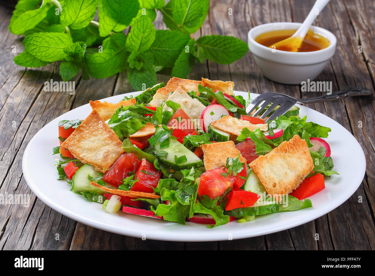 De délicieux plats traditionnels ou Fattoush salade de pain pita avec des croûtons, concombre, tomate, Salade et herbes sur plaque blanche. la menthe fraîche et l'huile, le citron, le sumac Banque D'Images