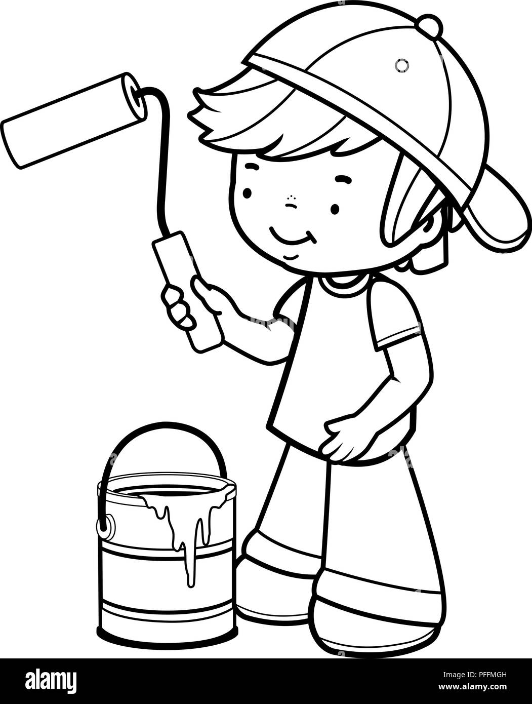 Boy peinture avec un rouleau à peindre et un pot de peinture. Vector illustration noir et blanc Illustration de Vecteur