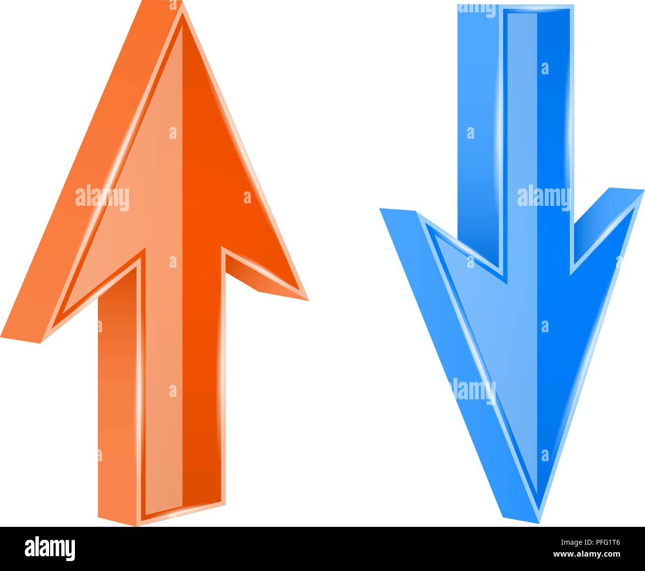 Les flèches HAUT et BAS. Orange et bleu 3d signe brillant Illustration de Vecteur
