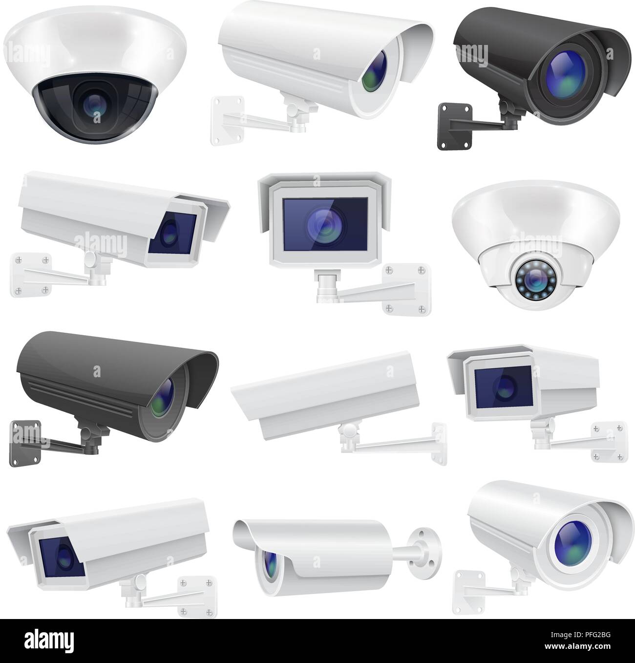 Caméra CCTV. Grande collection de noir et blanc Système de surveillance de sécurité. Mur et un montage au plafond. Illustration de Vecteur