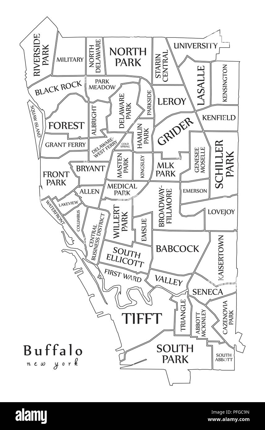 Plan de la ville moderne - Buffalo New York City de l'USA par les quartiers et les titres contour plan Illustration de Vecteur