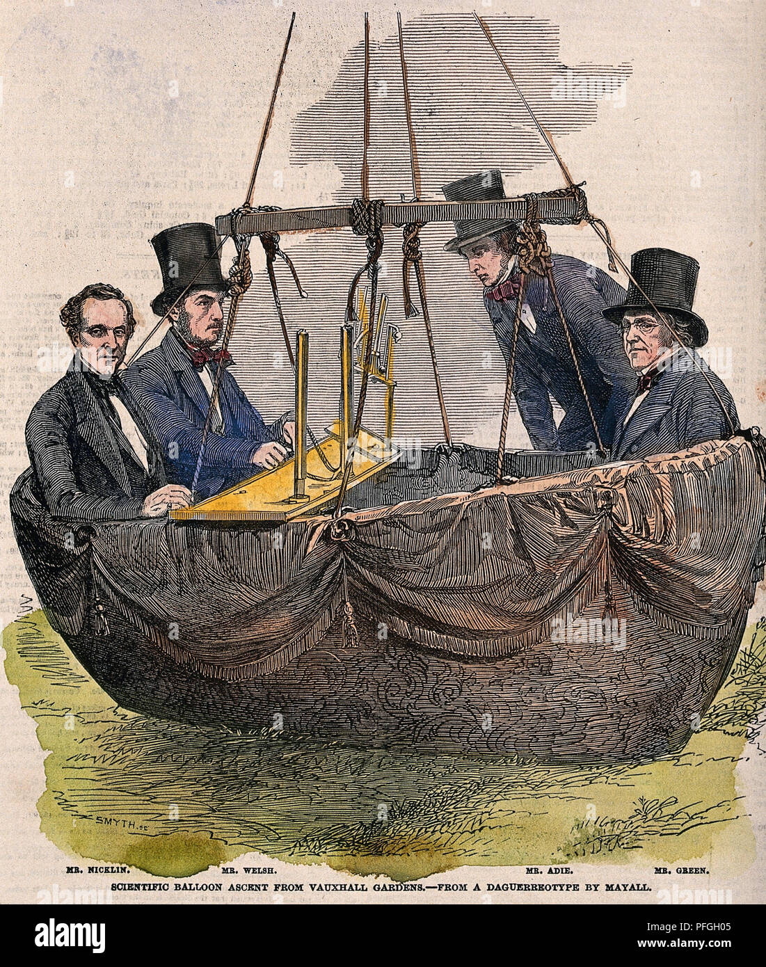 CHARLES GREEN (1785-1870) English balloonist (à droite) avec des compagnons sur un vol en ballon de Vauxhall Gardens en 1852. Leurs instruments mesurent la température de l'air et de la pression. Gravure sur bois en couleur à partir d'un livre de 1853. Banque D'Images