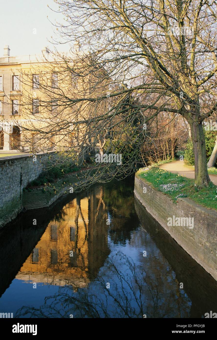 L'Angleterre, Oxford, Magdalen College bâtiments reflètent dans River Cherwell Banque D'Images