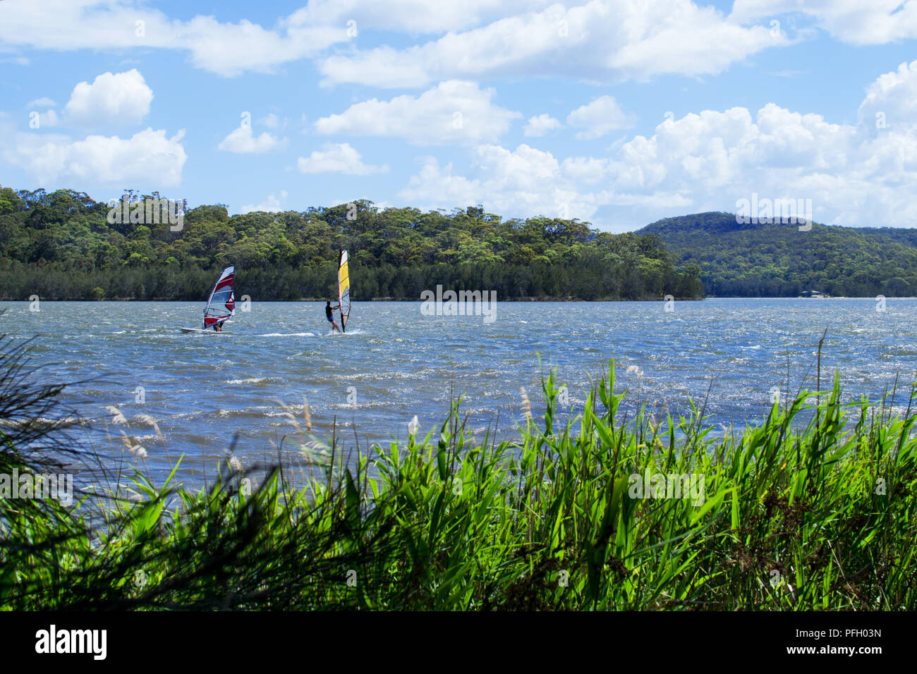 Deux planches aux prises avec un fort vent sur Narrabeen Lagoon à Sydney. Banque D'Images