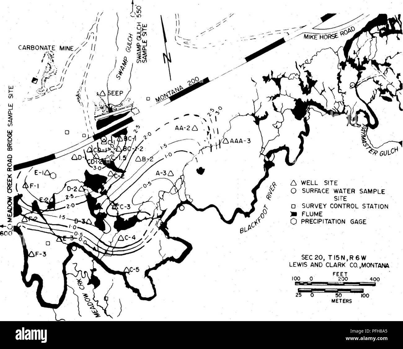 . Repos végétatif, hydrochimiques et microbiologiques des effets d'un parc naturel et un milieu humide artificiel sur le contrôle du drainage minier acide . Mine Drainage ; drainage minier acide ; les zones humides. Mines CARBONATE/&gt ; //. Un échantillon d'EAU DE SURFACE O SITE D SITE STATION DE CONTRÔLE DE L'ENQUÊTE H O CANAL SEC20, GAGE DE PRÉCIPITATIONS TI5N, R6W LEWIS ET CLARK CO .MONTANA 200 PIEDS À 50 MÈTRES Figure 5-8. Carte avec isopaques catotelme 0,5 m (1,6 pi) des contours. À la fois le dépôt de sédiments et la précipitation des métaux sont indiqués dans les sols des milieux humides, les données (annexe C). Le dépôt de sédiments m l'acrotelme près du ponceau routier site sorties Banque D'Images