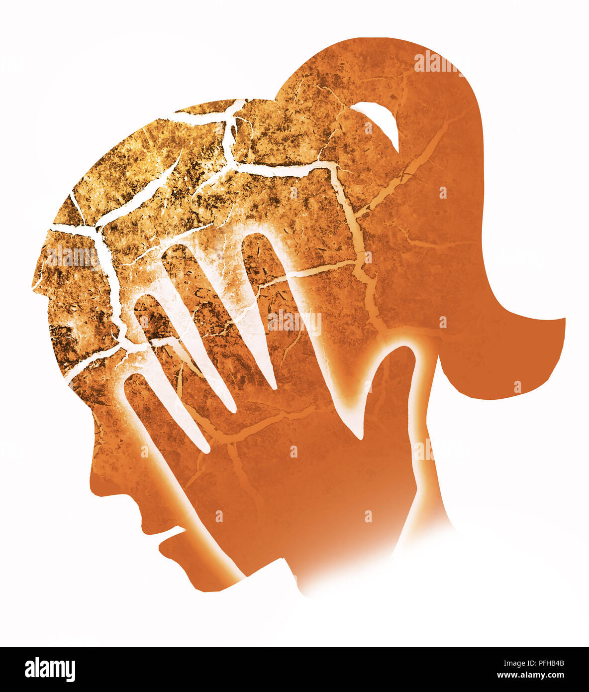 Migraines, maux de tête, femme de griller. Silhouette de la tête d'une femme stylisée tenant sa tête.photo-montage avec Dry cracked earth symbolisant la dépression, Chef Banque D'Images