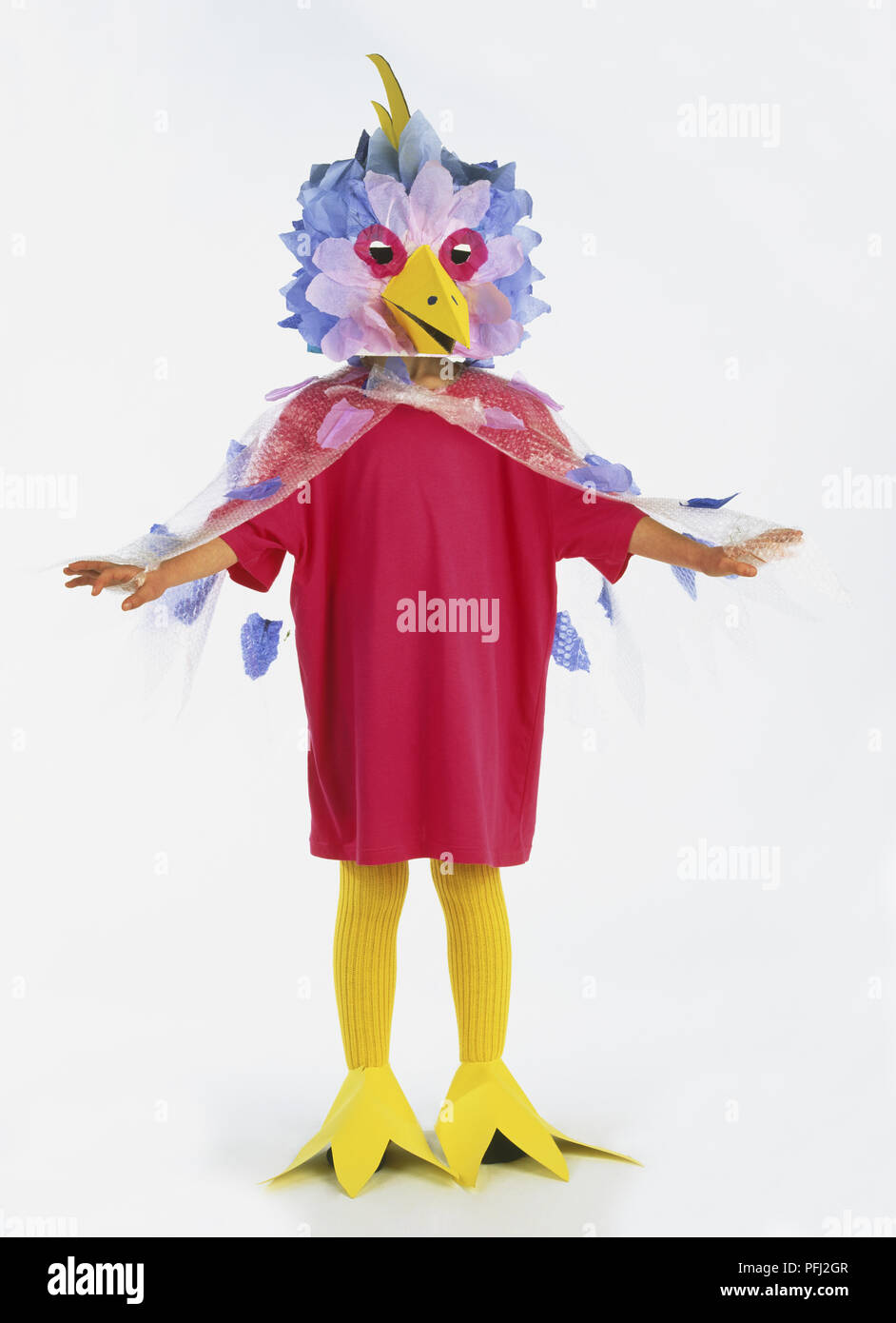 Costume enfant portant des oiseaux colorés, front view Banque D'Images