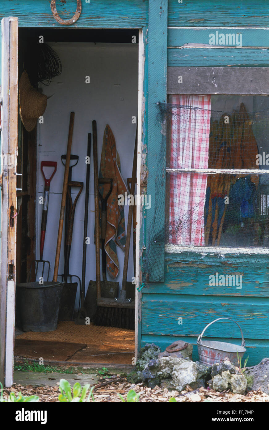 Abri de jardin en bois ancien, porte ouverte révélant sélection d'outils de jardinage à l'intérieur. Banque D'Images