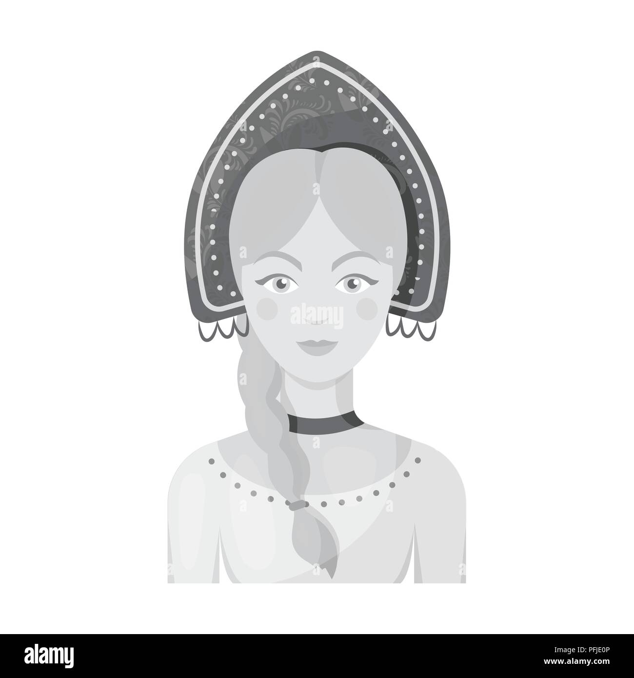 Femme Russe en costume traditionnel dans l'icône design monochrome isolé sur fond blanc. Pays russe stock symbol vector illustration. Illustration de Vecteur