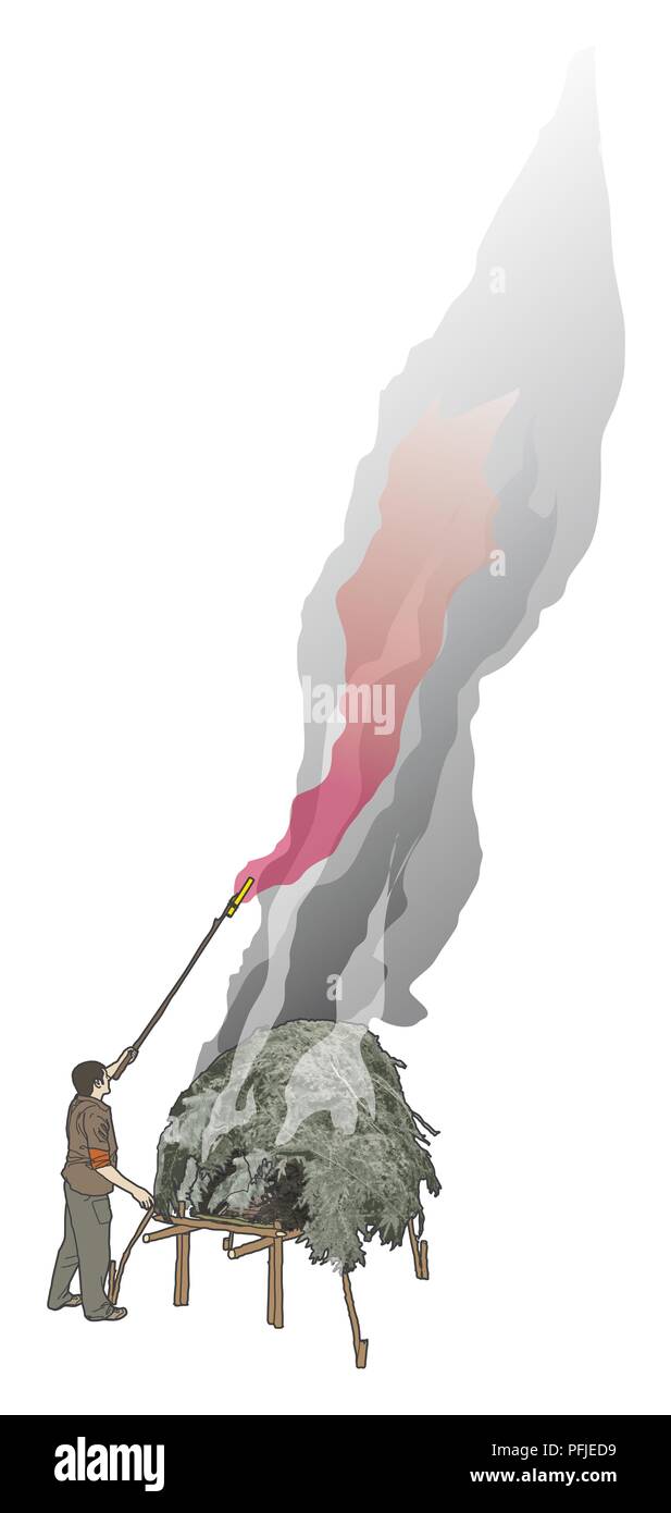 Illustration de l'homme composite numérique holding red flare à volutes de fumée d'incendie signal dome Banque D'Images