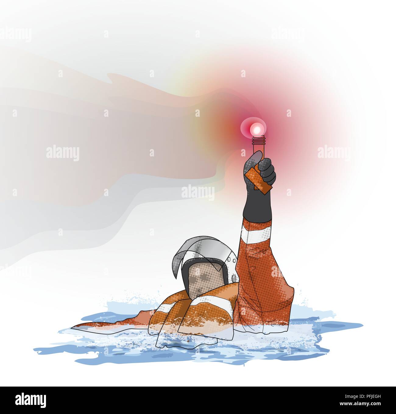 Composite numérique illustration de l'homme immergé dans l'eau porter gilet et casque de signal flare au-dessus de la tête Banque D'Images