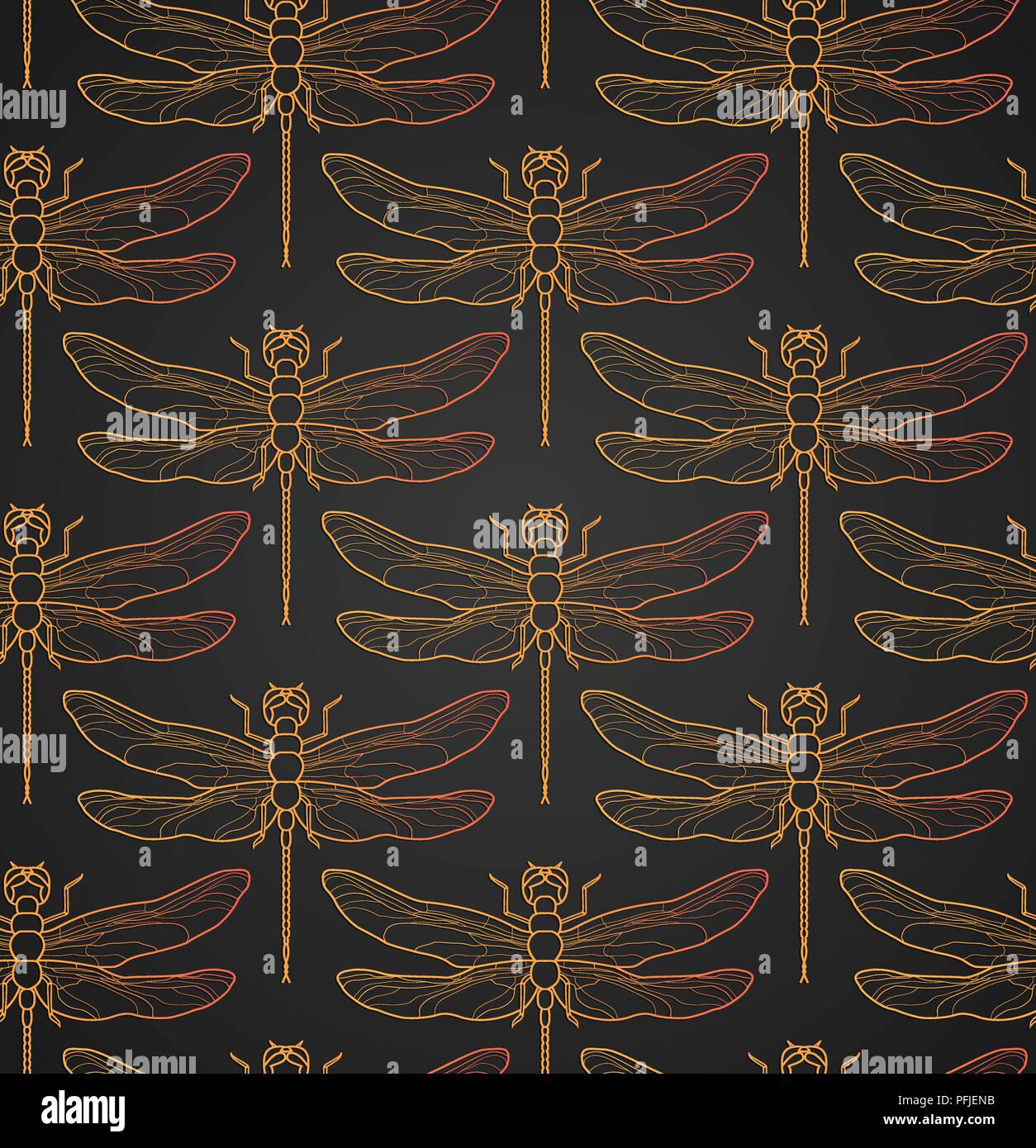 Motif libellule vector illustration parfaite. Motif de fond d'insectes de l'or. Romantique de luxe Vintage carreaux or libellule sur fond sombre minimaliste élégant. L'or noir. Illustration de Vecteur