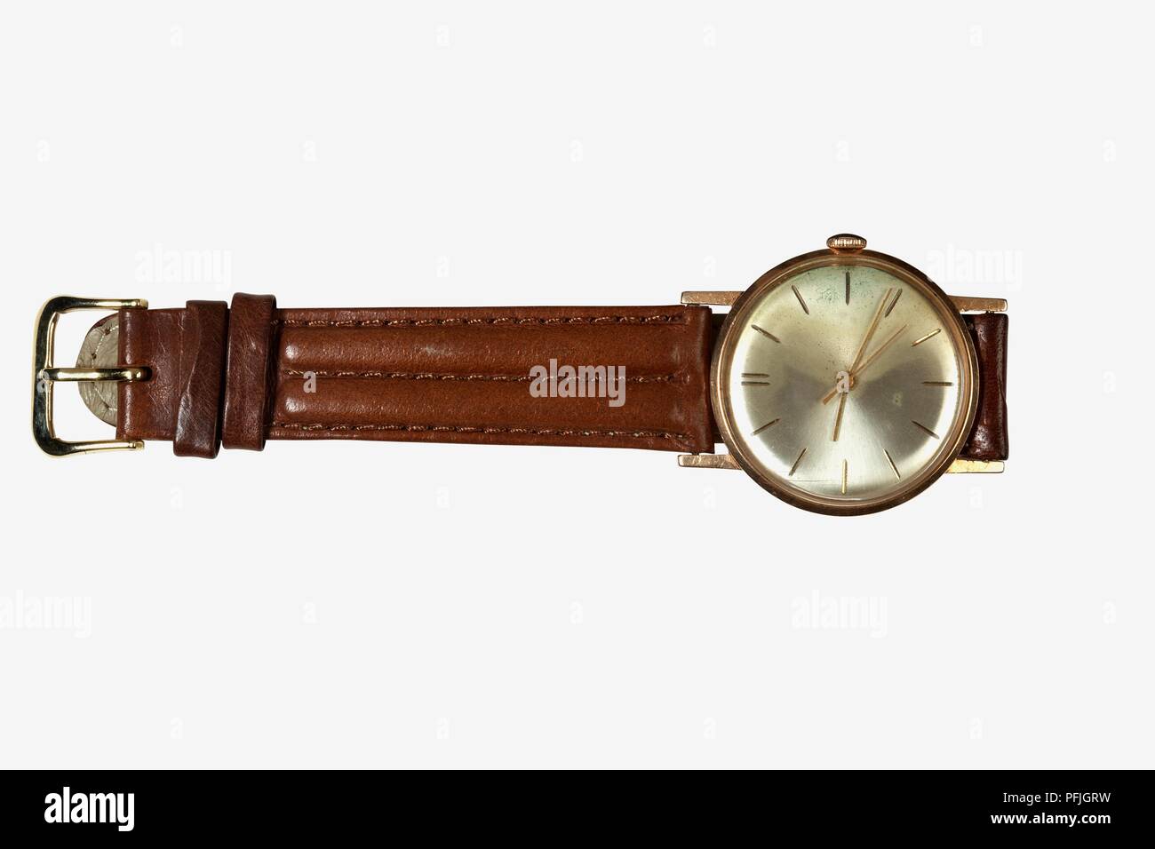 Montre-bracelet avec bracelet en cuir brun Banque D'Images