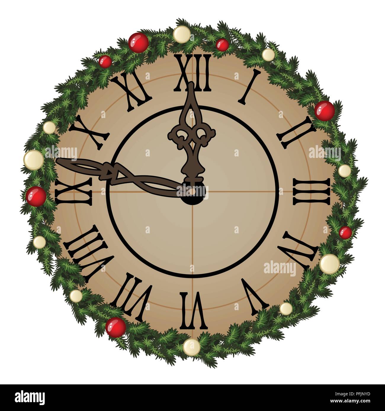 Vintage horloge murale avec cadran orné de branches d'arbre avec boules babioles et isolé sur blanc. Échantillon de Noël et Nouvel an carte de voeux, affiche de fête ou invitations de partie. Vector close-up. Illustration de Vecteur