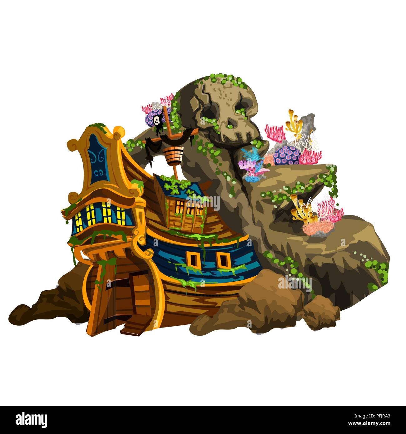 Le bateau de pirates envahis par les polypes coralliens. Stade de croissance et la formation des récifs coralliens isolé sur fond blanc. Rock avec la forme de la tête. Vector illustration close-up. Illustration de Vecteur