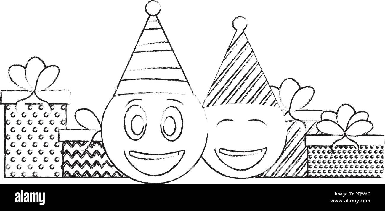 Face à l'emoji anniversaire party hat et cadeaux dessin à la main Illustration de Vecteur