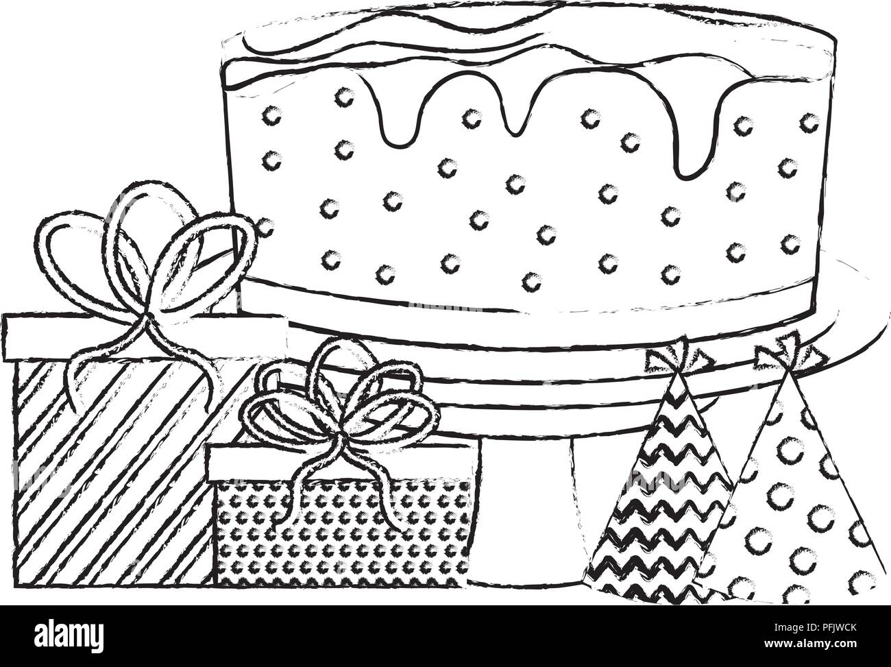 Gateau D Anniversaire Avec Des Cadeaux Et Des Chapeaux De Dessin A La Main Image Vectorielle Stock Alamy Gateau D Anniversaire Avec Des Cadeaux Et Des Chapeaux De Dessin A La Main Image Vectorielle Stock Alamy