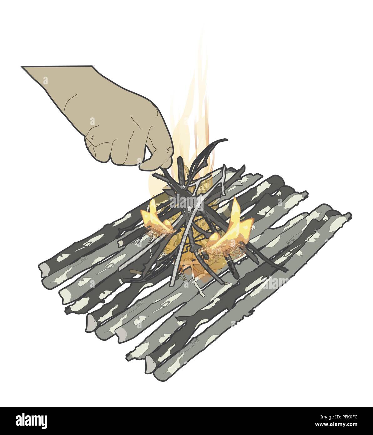 Illustration numérique de l'éclairage d'un feu de camp en mettant des branches sèches dans les flammes et la combustion du bois de chauffage sur la plate-forme de bâtonnets Banque D'Images