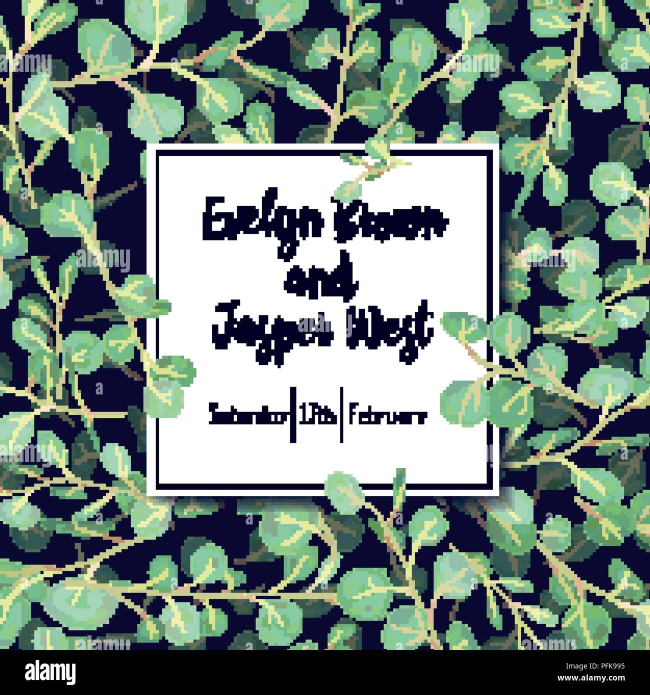 Belle carte postale, invitation, la bannière avec les feuilles et les branches d'eucalyptus vert sur fond noir dans un cadre carré. Vecteur d'été mignon Illustration de Vecteur