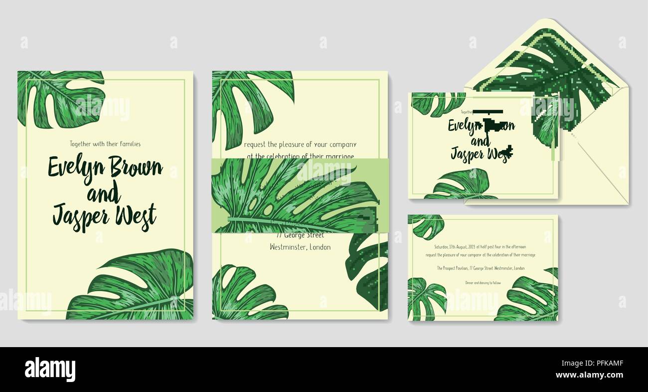 Invitation de mariage, enveloppe, rsvp, label save the date set de cartes de vœux. Conception avec des feuilles de palmier monstera & cadre vert. L chic délicat mignon vecteur Illustration de Vecteur