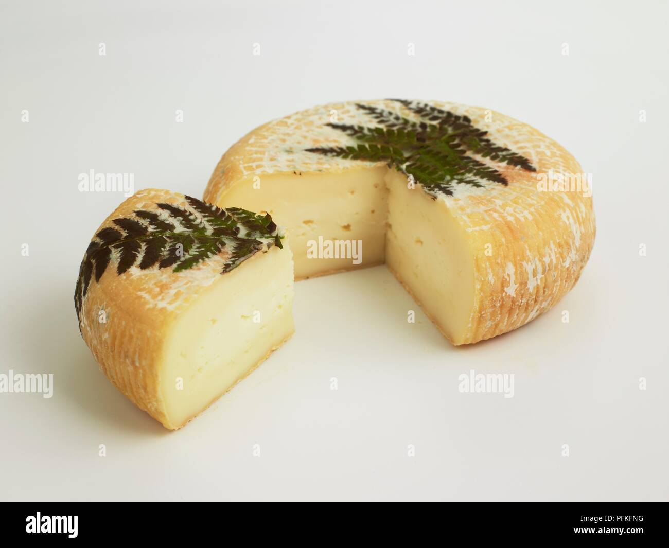 Rond et tranche de l'ANGLAIS A Filetta fromage de brebis décorées avec des  feuilles de fougère Photo Stock - Alamy